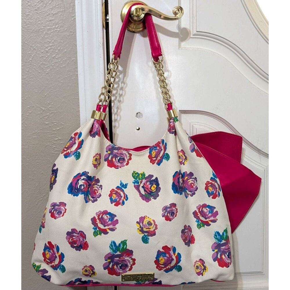 betsey johnson Bow-licious BIG Hot Pink Bow Hogo Bag Fushia Floral Tote Gold - Picture 2 of 8